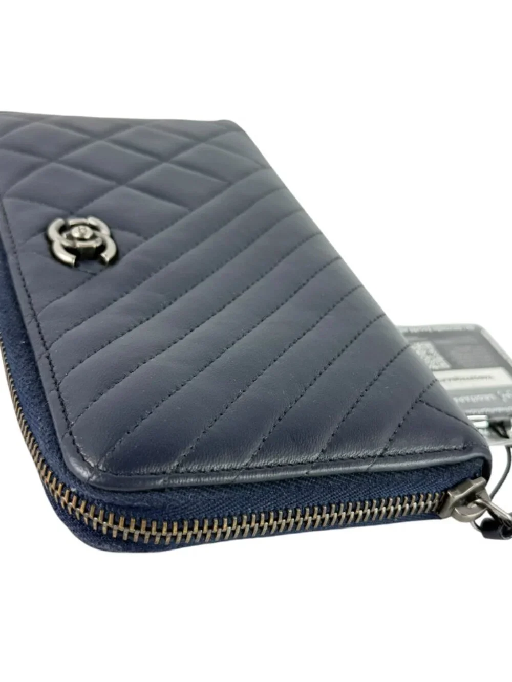 CHANEL Authentic Chevron and Diamond Quilted Navy Blue Leather Zippy Wallet